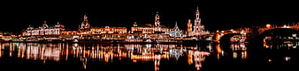 Dresden Historic Center Night Skyline Reflection on Elbe River Panorama