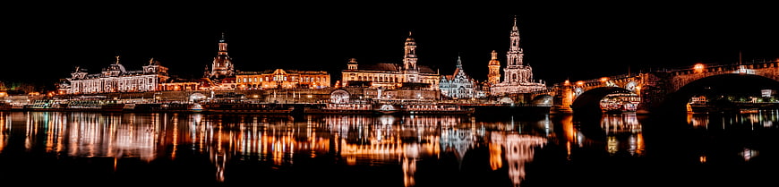 Dresden Historic Center Night Skyline Reflection on Elbe River Panorama