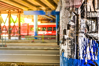Grunge urban texture with blurred red train background
