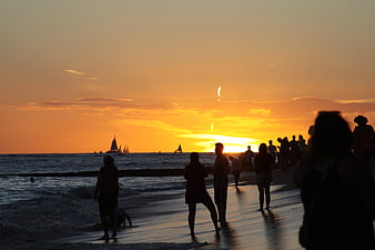 Silhouettes of people watching sunset on beach with sailboats