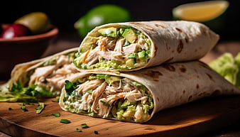 Healthy Chicken Avocado Wraps on Wooden Board