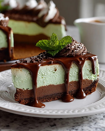 Mint Chocolate Cheesecake Slice with Ganache Drizzle