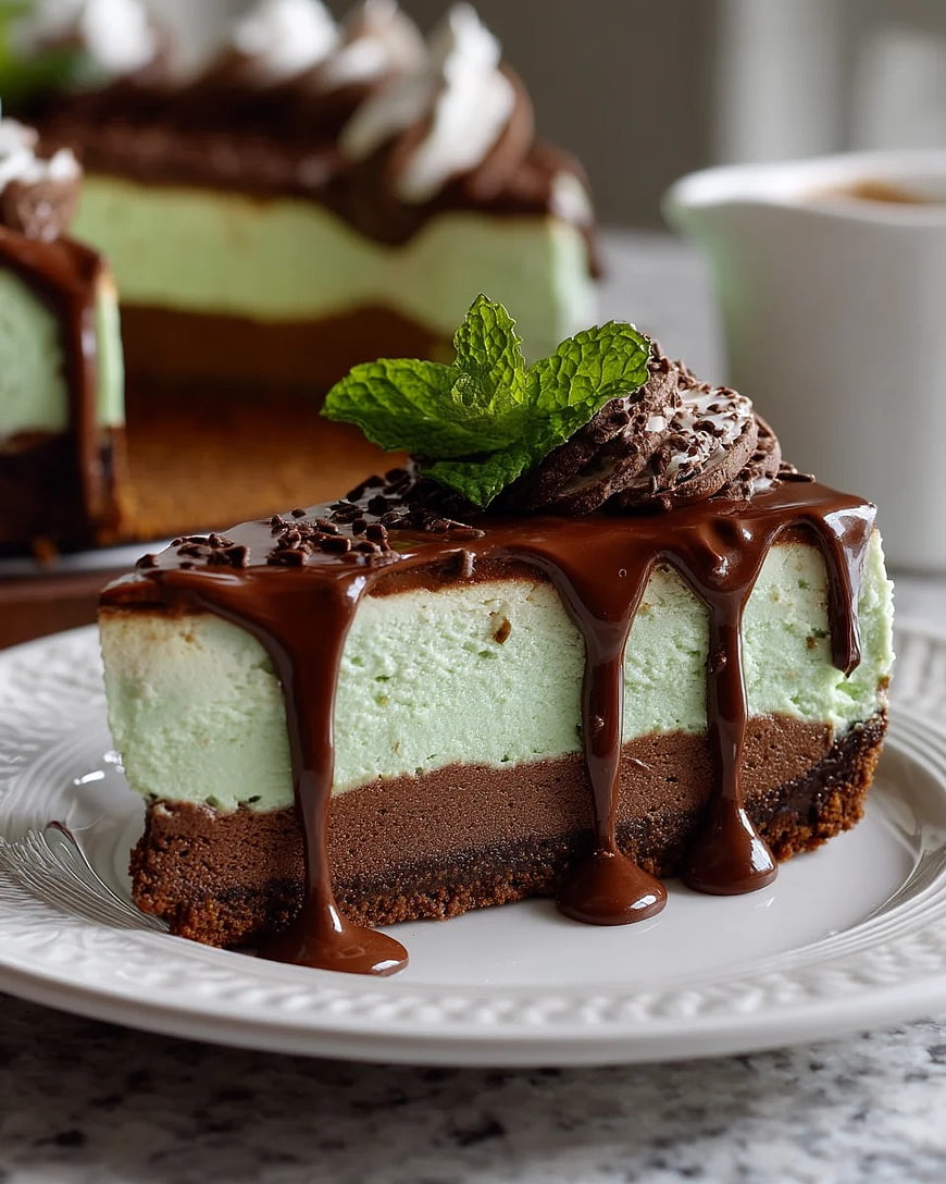 Mint Chocolate Cheesecake Slice with Ganache Drizzle