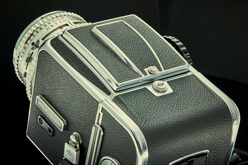 Close-up of vintage Hasselblad 500C/M film camera