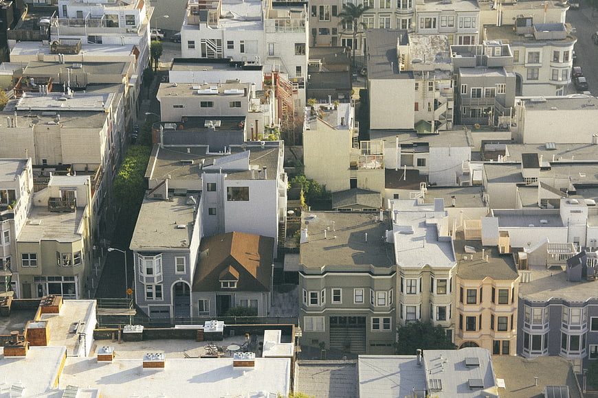 Aerial View of San Francisco Victorian Houses and Rooftops