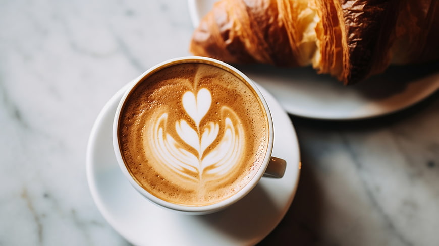 Top View Cappuccino with Latte Art and Croissant