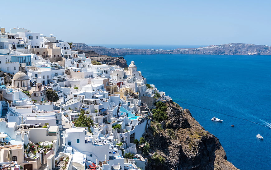 Santorini Greece White Buildings Blue Sea Cliffside View