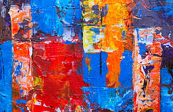 Abstract Acrylic Painting with Vibrant Blue, Red, and Orange Textures