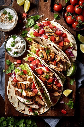 Overhead view of grilled chicken tacos with fresh toppings