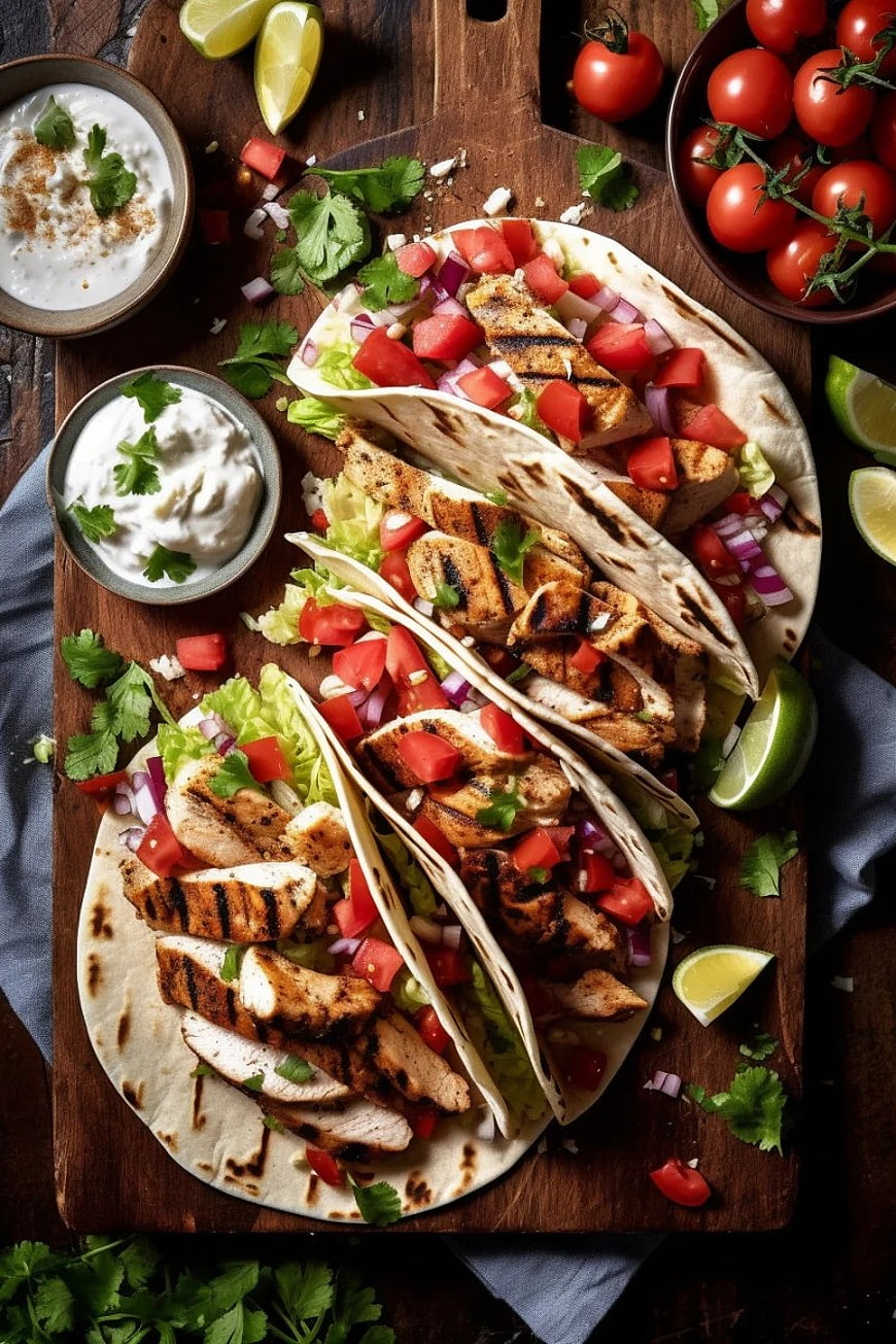Overhead view of grilled chicken tacos with fresh toppings