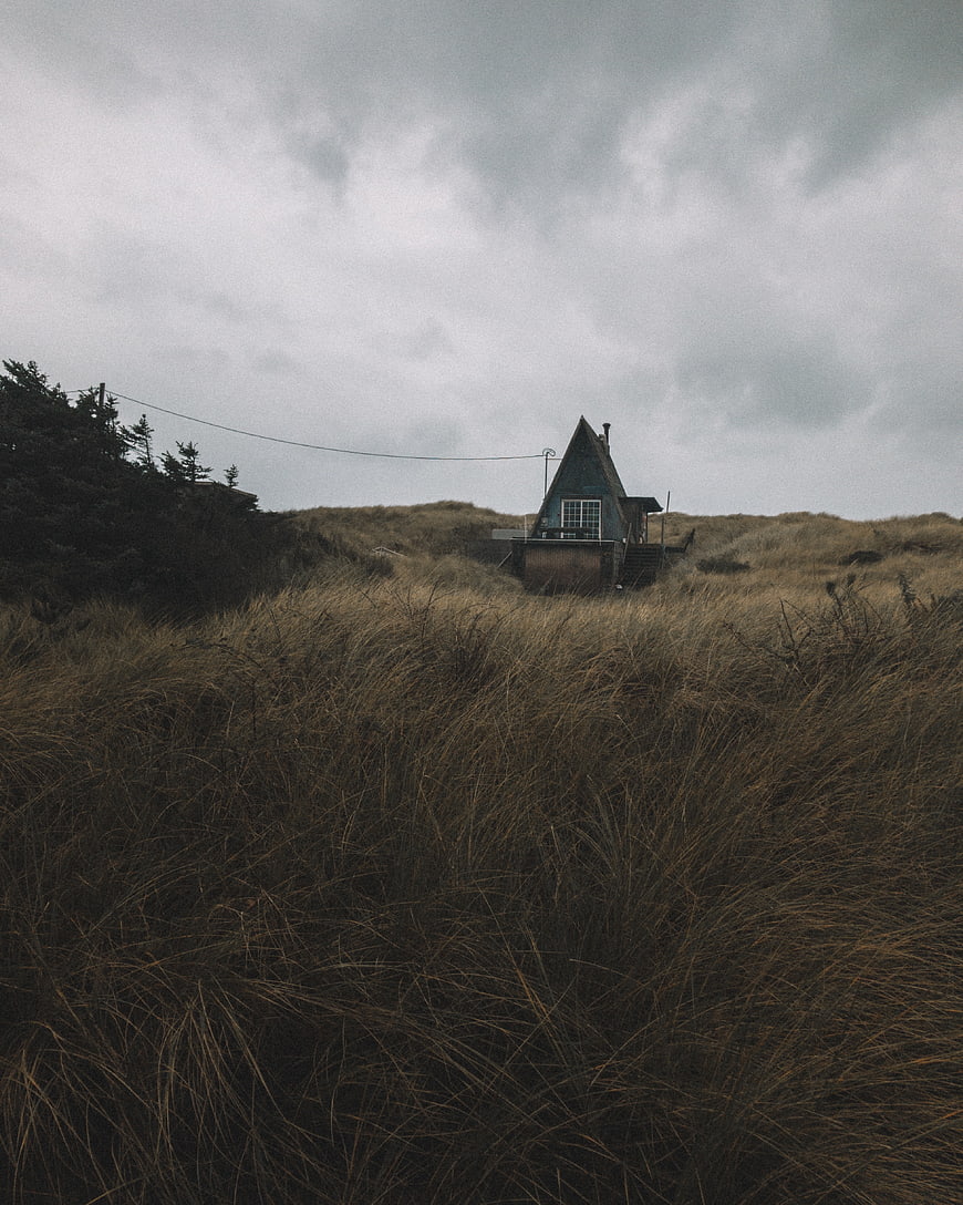 Solitary A-Frame Cabin in Coastal Dunes Under Overcast Sky