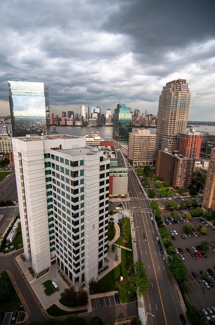 Aerial View of Jersey City Skyline with Manhattan in Background
