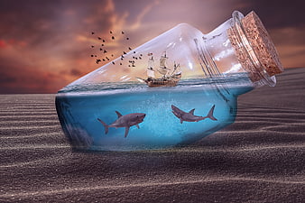Conceptual 3D render of a ship and sharks inside a glass bottle on a beach