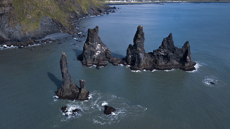 Aerial View of Drangar Sea Stacks in Vik, Iceland
