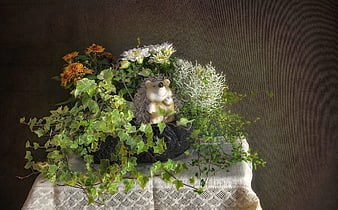 Rustic Hedgehog Figurine in Floral Basket with Ivy