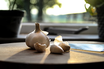 Fresh Garlic Bulb and Cloves on Wooden Board