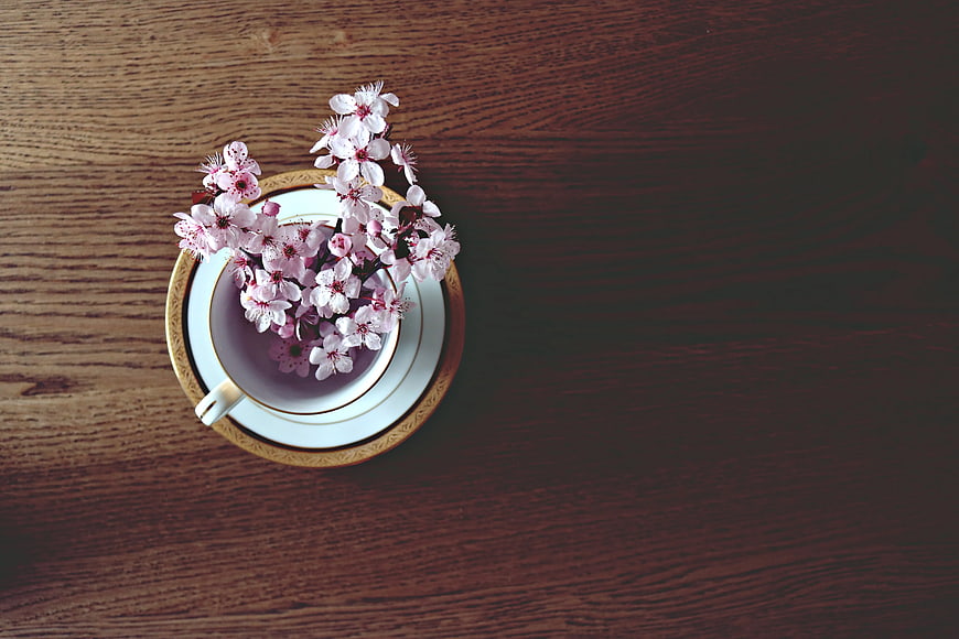 Pink cherry blossoms in vintage teacup on wooden table
