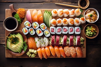 Overhead view of assorted sushi platter on wooden board