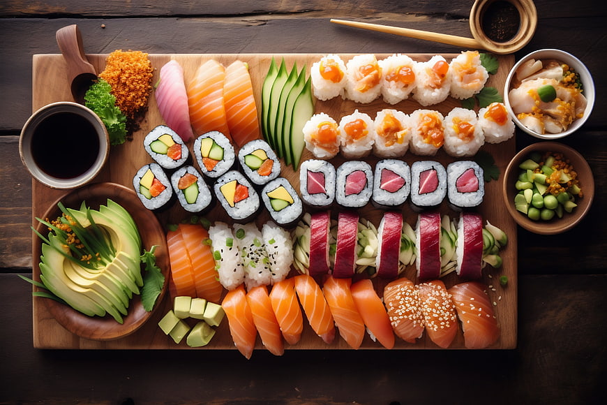 Overhead view of assorted sushi platter on wooden board