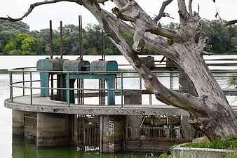 Weathered Concrete Dam Structure With Dead Tree And Rusty Metal