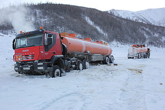 Red Iveco Tanker Truck Stuck in Snow Siberia
