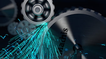 Abstract mechanical gears with glowing blue digital sparks