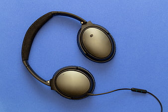 Black Wired Headphones Flat Lay on Blue Background