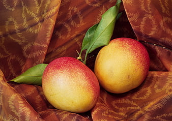 Two ripe mangoes with green leaves on brown patterned fabric