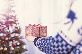 Woman holding Christmas gift box near decorated tree
