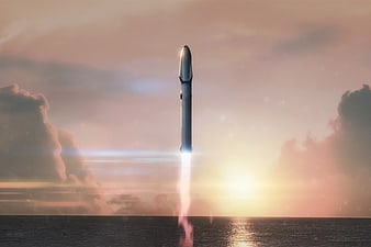 Space Rocket Launching Over Ocean at Sunset