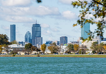 Boston Skyline View Across Water with Autumn Trees