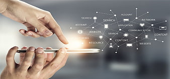 Hand touching smartphone with digital network interface overlay