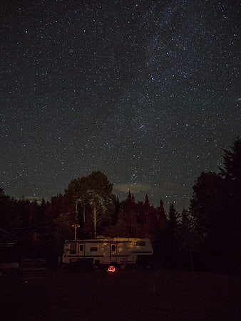 Night Sky with Stars Over RV Campsite in Forest