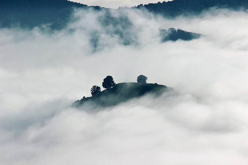 Misty Mountain Peak with Trees Emerging from Clouds