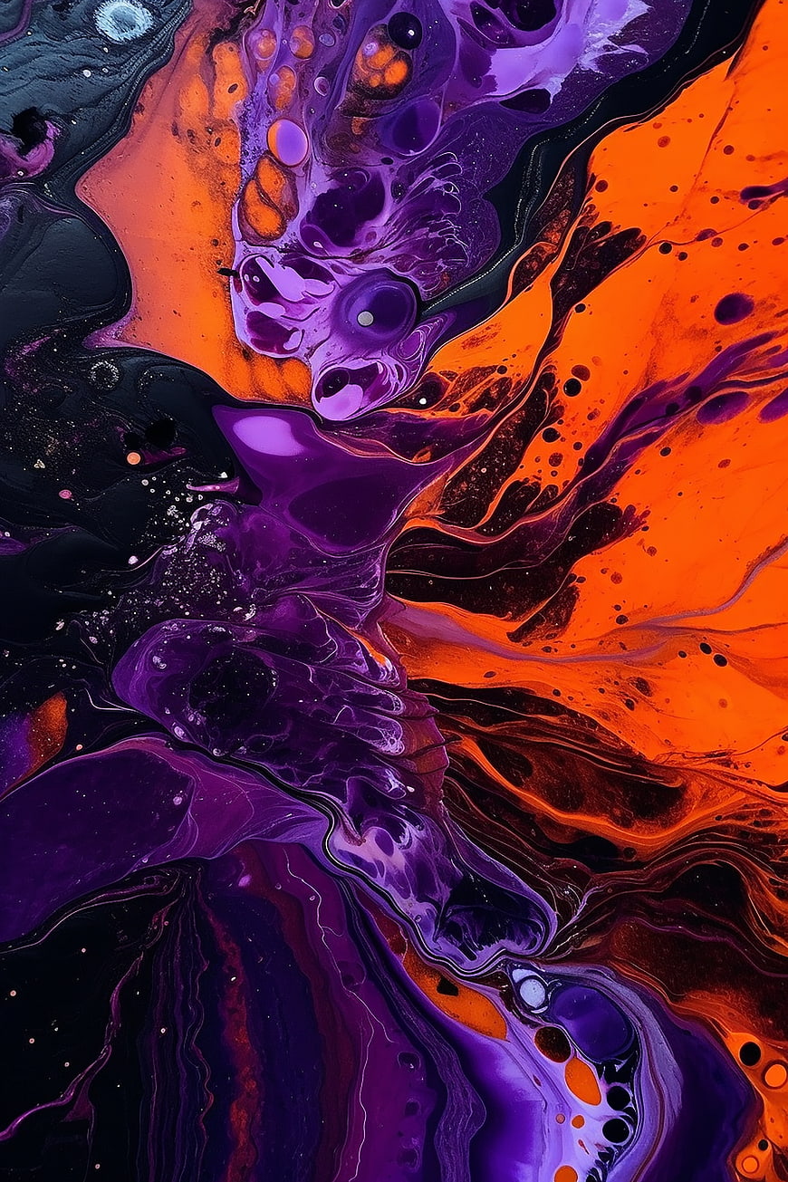 Abstract Fluid Art with Purple and Orange Ink Swirls
