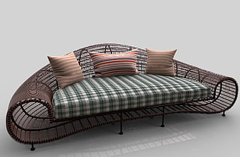 Modern Wicker Chaise Lounge Sofa With Plaid Cushion And Pillows