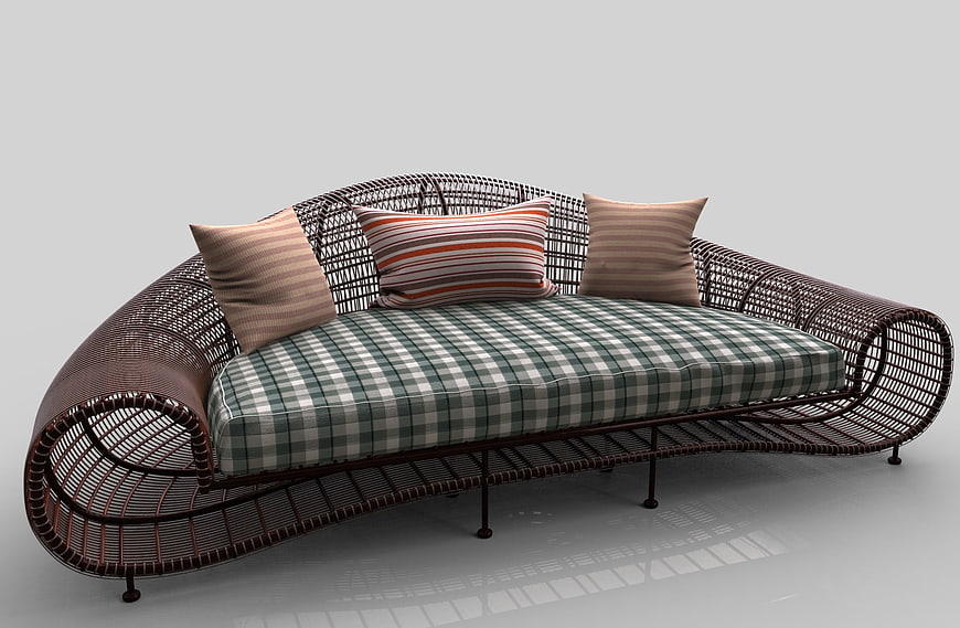 Modern Wicker Chaise Lounge Sofa With Plaid Cushion And Pillows
