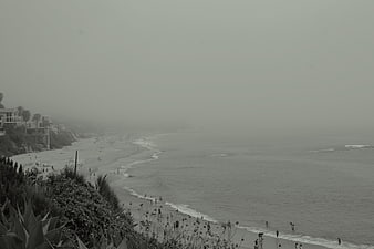 Foggy Black and White Coastal Beach Landscape with People