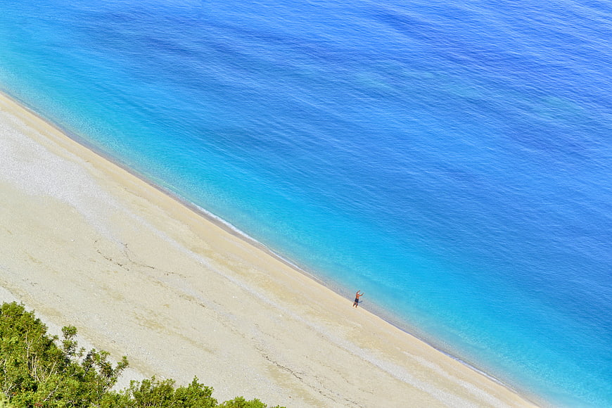 Aerial View of Turquoise Beach with Lone Walker