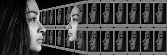 Black and white conceptual woman profile with smartphone reflections