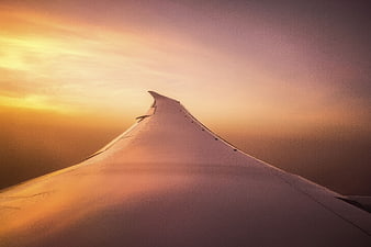 Airplane Wing at Sunset with Golden Sky