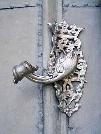 Ornate Silver Door Knocker with Crown Motif on Wooden Door