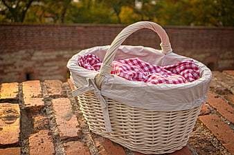 Wicker Picnic Basket with Red Checkered Cloth on Brick Wall