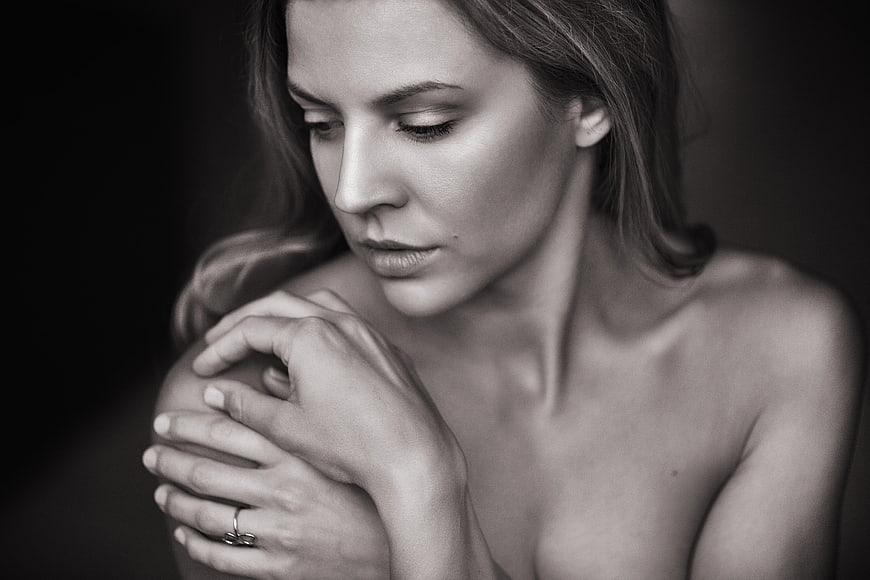 Black and White Portrait of Pensive Woman