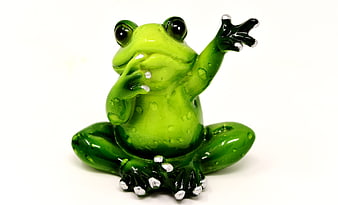Green Glass Frog Figurine Waving on White Background