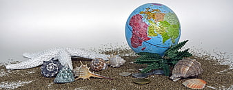 Travel Concept With Globe, Starfish, Shells, Sand, And Coins