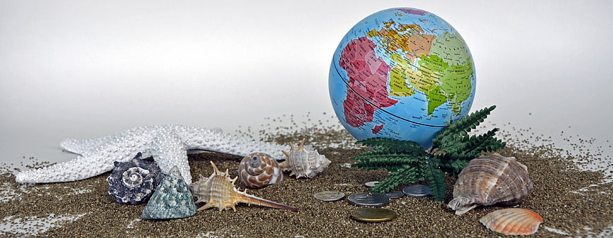 Travel Concept With Globe, Starfish, Shells, Sand, And Coins