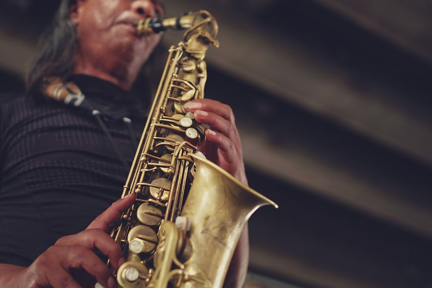 Close-up of Man Playing Golden Saxophone