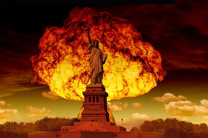 Statue of Liberty with Nuclear Explosion Background