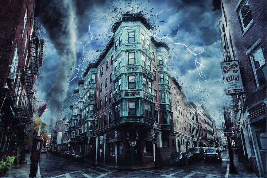 Dramatic Digital Art of City Street with Tornado and Lightning